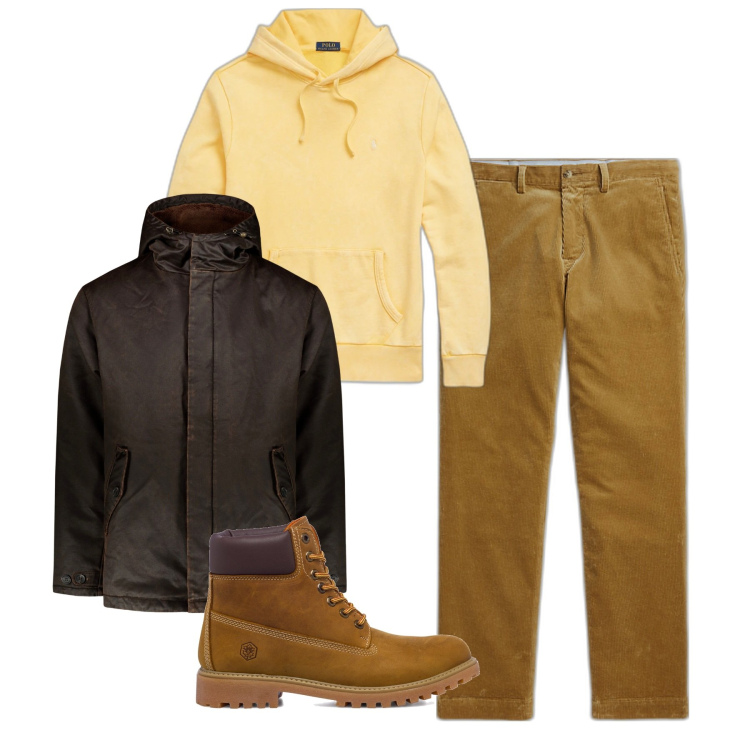 Outfit uomo - Curcuma. Stile Urban per Tutti i giorni. Abbinamento con felpe con cappuccio, pantaloni, stivali e stivaletti, cappotti.