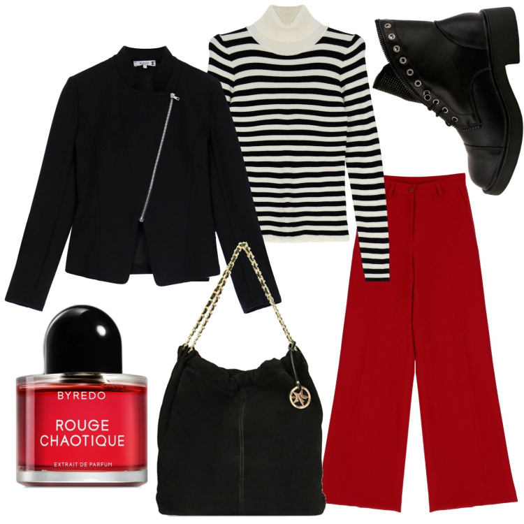 Outfit donna - Domenica 9 dicembre - Pranzo in famiglia. Stile Basic per Tutti i giorni. Abbinamento con profumi, cappotti, pantaloni a palazzo, maglieria, stivaletti, borse a spalla.