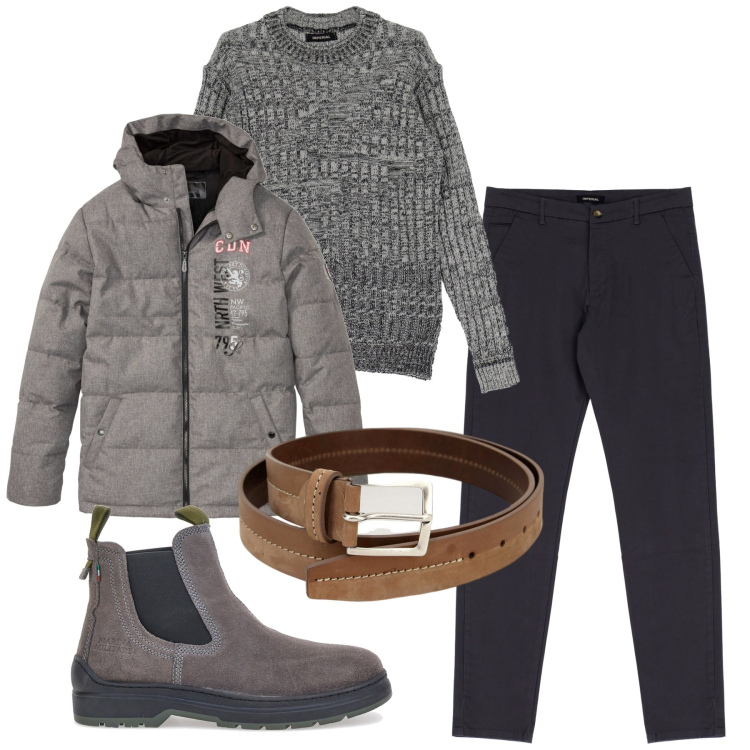 Outfit uomo - Città. Stile Urban per Tutti i giorni. Abbinamento con giacche, cinture, pullovers, pantaloni, stivali e stivaletti.