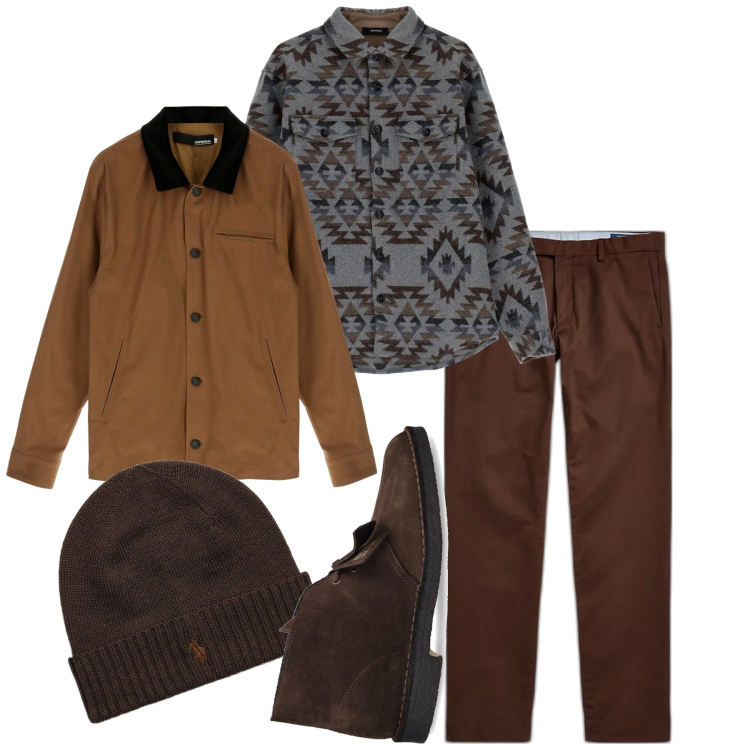 Outfit uomo - Città. Stile Trendy per Tutti i giorni. Abbinamento con giacche, camicie, pantaloni chino, berretti, stivali.