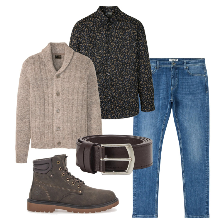 Outfit uomo - Un cardigan irlandese. Stile Casual per Tutti i giorni. Abbinamento con cardigans, camicie, cinture, jeans skinny, stivali e stivaletti.