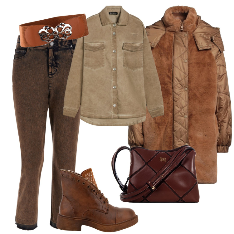 Outfit donna - Pelliccia eco. Stile Casual per Tutti i giorni. Abbinamento con cinture, piumini, borse a spalla, stivaletti, jeans dritti, camicie.