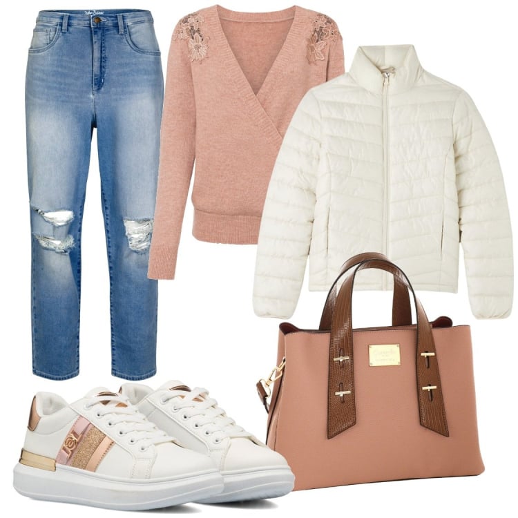 Outfit donna - Un caffè con le amiche. Stile Casual per Tutti i giorni. Abbinamento con maglieria, jeans mom, sneakers, borse a mano, piumini.