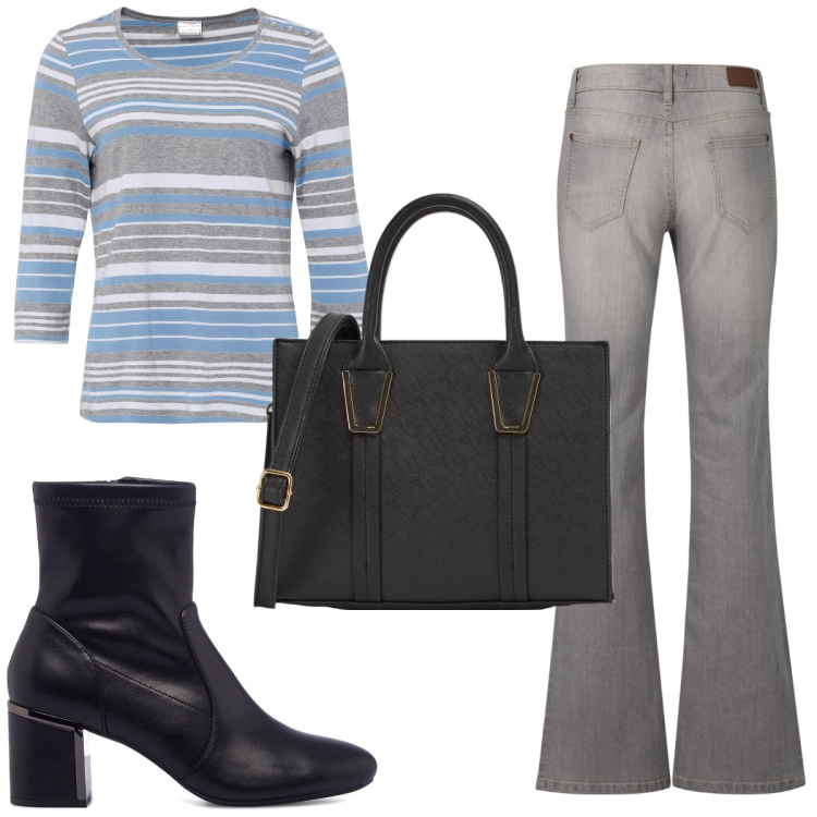 Outfit donna - Total look #1775894. Stile 70s per Tutti i giorni. Abbinamento con jeans bootcut, maglieria, shopping bag, stivaletti.