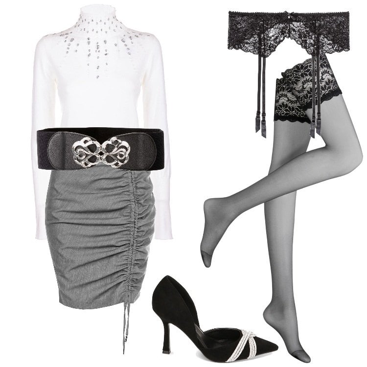 Outfit donna - Xmas - Dicembre. Stile Glamour per Serata fuori. Abbinamento con cinture, collant, slip, minigonne, maglieria, décolleté.