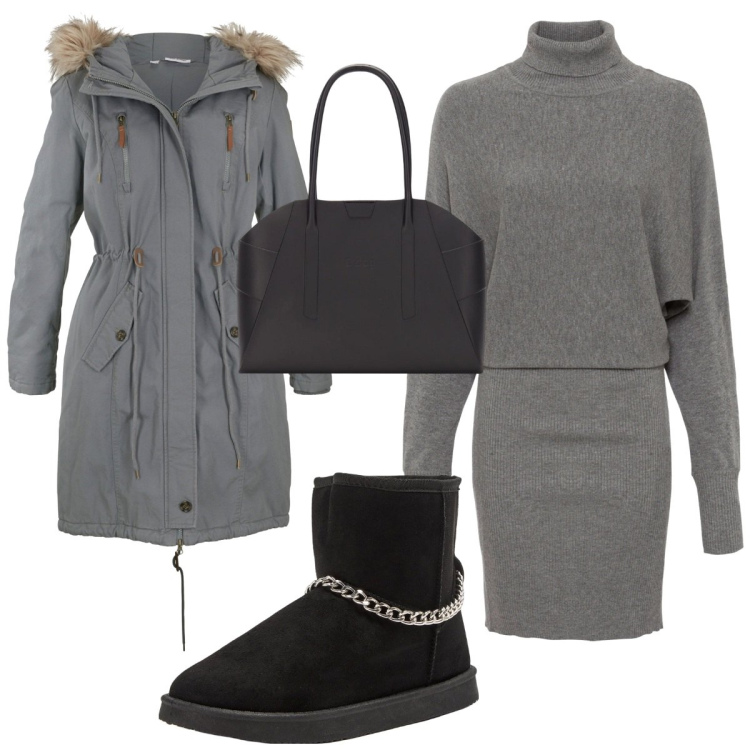 Outfit donna - Total look #1775911. Stile Trendy per Tutti i giorni. Abbinamento con vestiti, parka, stivaletti, borse a spalla.