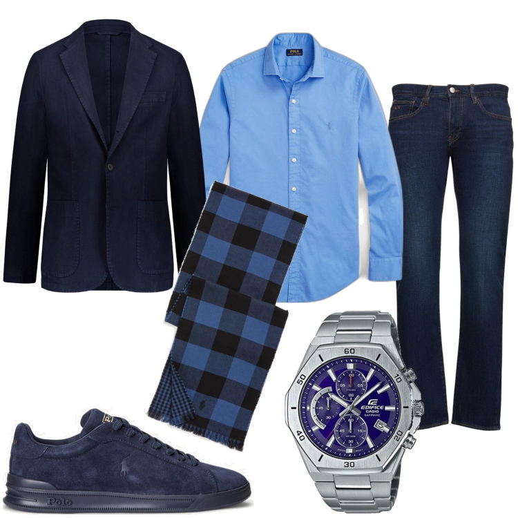 Outfit uomo - Una sciarpa a quadri e giacca. Stile Trendy per Tutti i giorni. Abbinamento con sneakers, camicie, sciarpe, jeans slim fit, orologi, giacche.