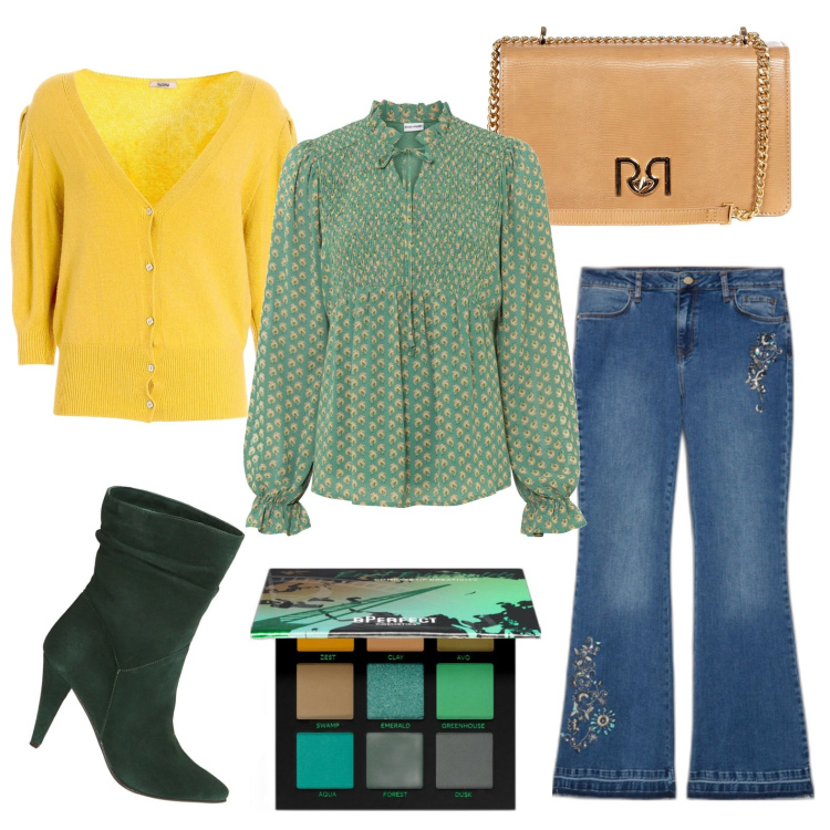 Outfit donna - La blusa che spunta dal cardigan. Stile Casual chic per Tutti i giorni. Abbinamento con bluse, ombretti, borse a tracolla, cardigans, stivaletti, jeans.