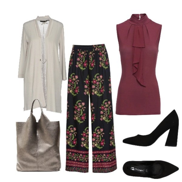 Outfit donna - Colloquio di lavoro. Stile Chic per Ufficio. Abbinamento con pantalone con tasche nero, top, cardigan lavorato a maglia scollatura profonda a maniche lunghe in viscosa tinta unita, décolleté effetto scamosciato con tacco squadrato a punta tinta unita, borsa a tracolla tote doppio manico.