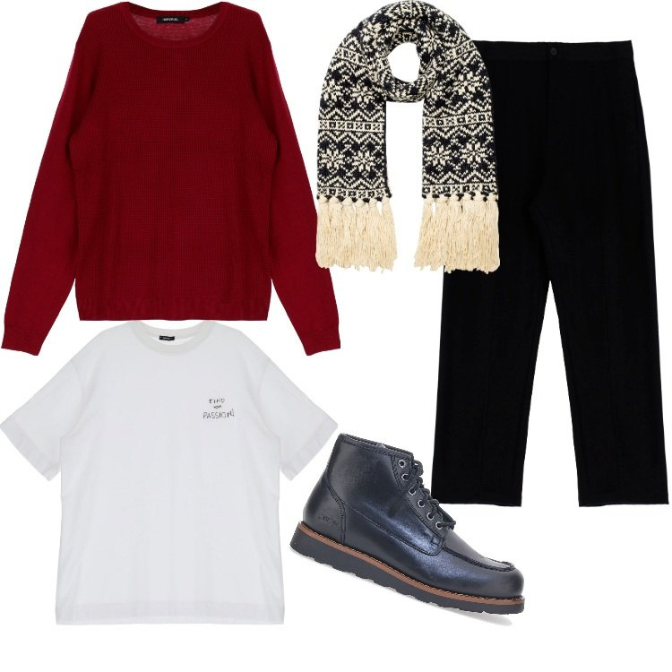 Outfit uomo - Xmas - Dicembre. Stile Casual per Tutti i giorni. Abbinamento con pullovers, t-shirt, pantaloni, sciarpe, stivali e stivaletti.