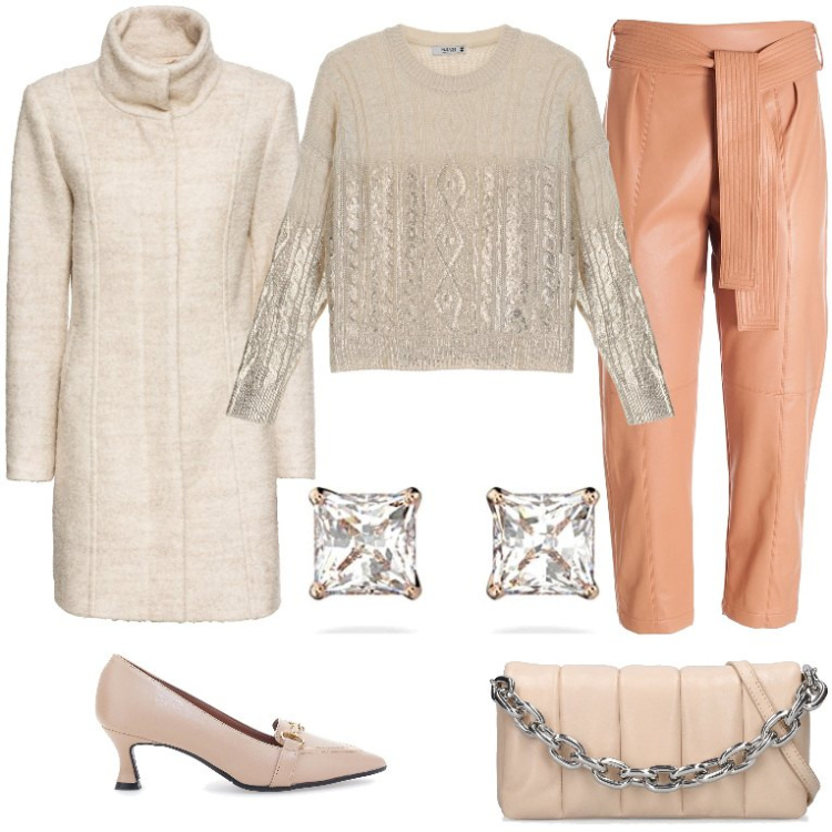 Outfit donna - Cena di Natale dai suoceri. Stile Glamour per Serata fuori. Abbinamento con cappotti, pantaloni, pullovers, décolleté, orecchini, borse a spalla.
