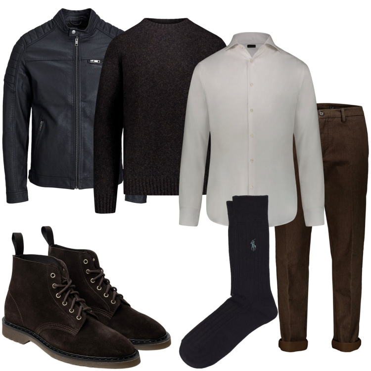 Outfit uomo - Magari per un aperitivo. Stile Trendy per Tutti i giorni. Abbinamento con calzini, cappotti, maglieria, pantaloni, camicie, anfibi.