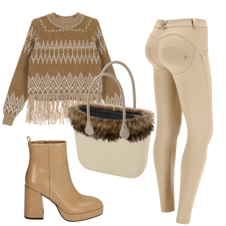 Outfit donna - Total look #1775953. Stile Etnico per Tutti i giorni. Abbinamento con maglieria, stivaletti, pantaloni skinny, borse a spalla.