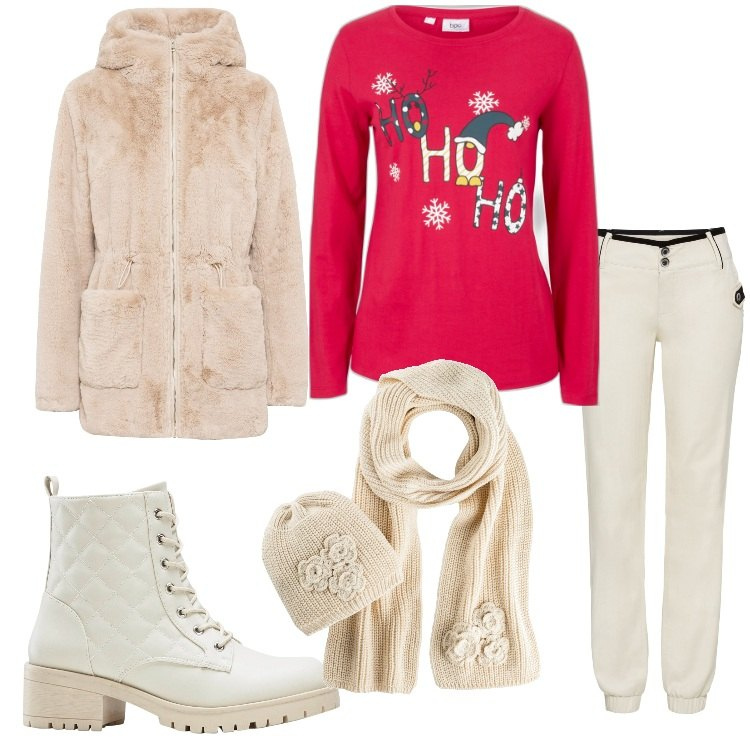Outfit donna - bonprix - Xmas Edition 2023. Stile Romantica per Tutti i giorni. Abbinamento con ecopellicce, pantaloni, maglieria, stivaletti, sciarpe.
