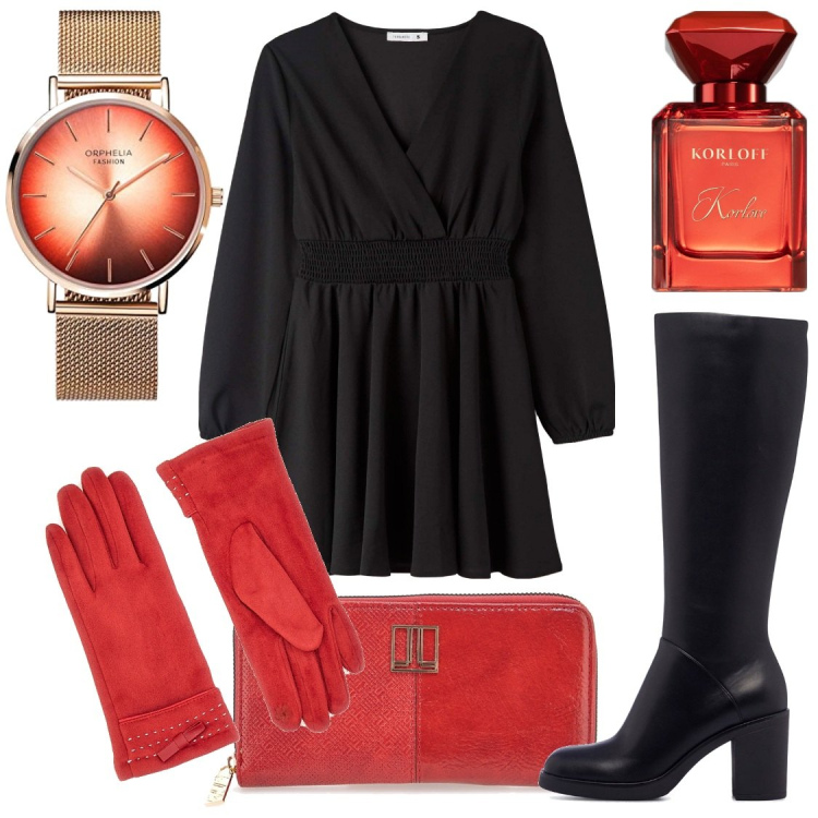 Outfit donna - Idee regalo a Natale. Stile Casual chic per Serata fuori. look ideale per Petite. Abbinamento con profumi, vestiti corti, stivali sopra il ginocchio, portafogli, guanti, orologi analogici.