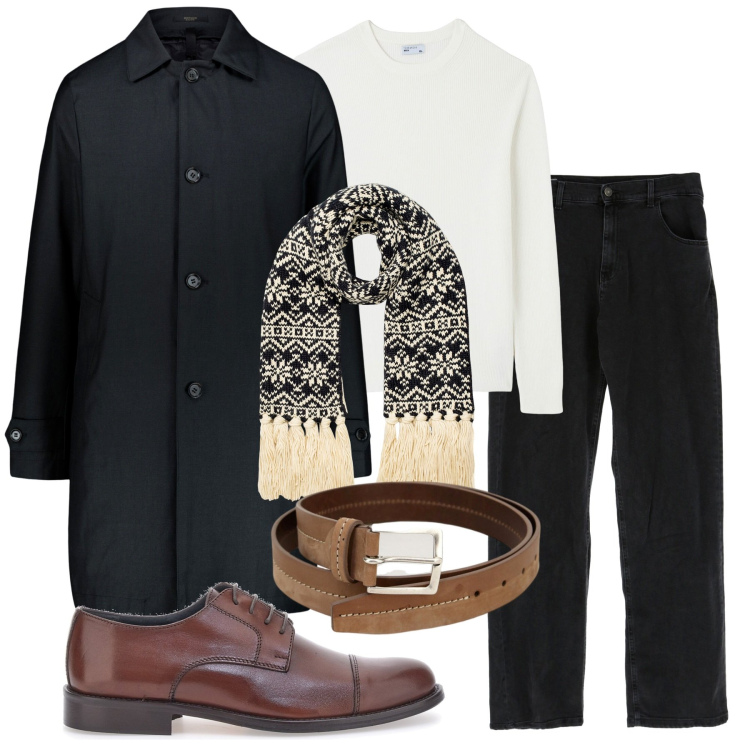 Outfit uomo - Tutto d\'un pezzo. Stile Urban per Tutti i giorni. Abbinamento con maglieria, jeans dritti, cinture, sciarpe, cappotti, scarpe stringate.
