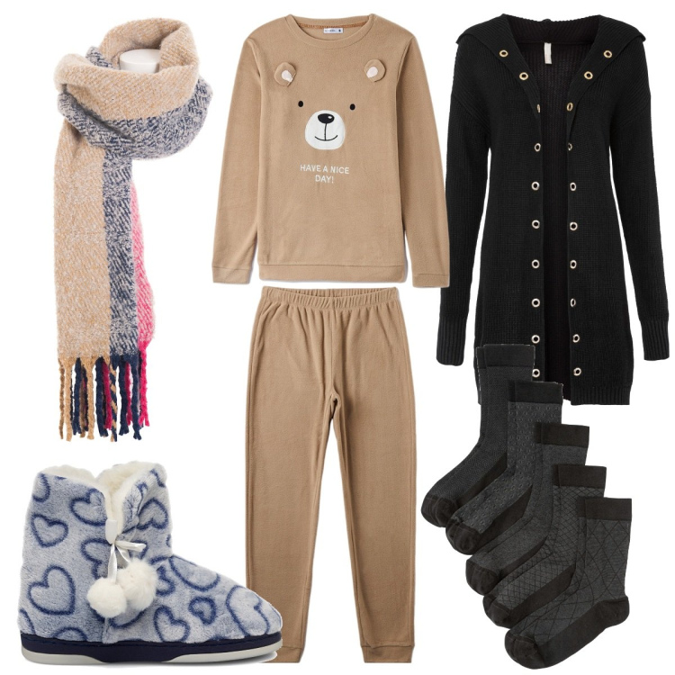 Outfit donna - PittaRosso - un tenero Natale. Stile Trendy per Tutti i giorni. Abbinamento con cardigans, calzini, pigiama, sciarpe, pantofole.