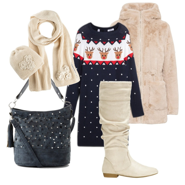 Outfit donna - Outfit natalizio. Stile Casual chic per Tutti i giorni. Abbinamento con ecopellicce, vestiti, stivali, borse a tracolla, sciarpe.