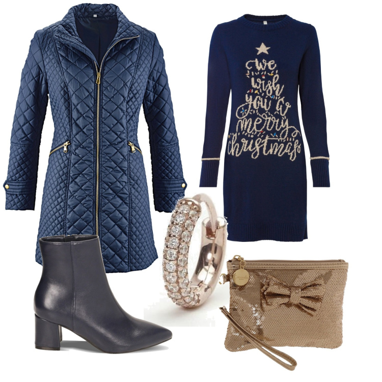 Outfit donna - Natale in blu. Stile Casual chic per Tutti i giorni. Abbinamento con blazer, vestiti, orecchini, stivaletti, pochette.