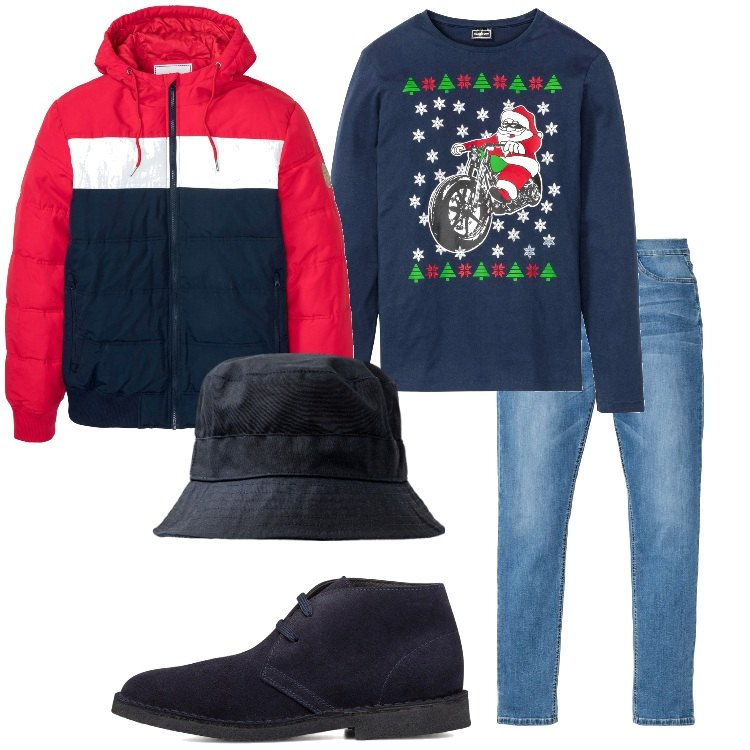 Outfit uomo - Gli auguri con gli amici. Stile Casual per Serata speciale. Abbinamento con jeans, maglieria, giacche, stivali e stivaletti, cappelli.