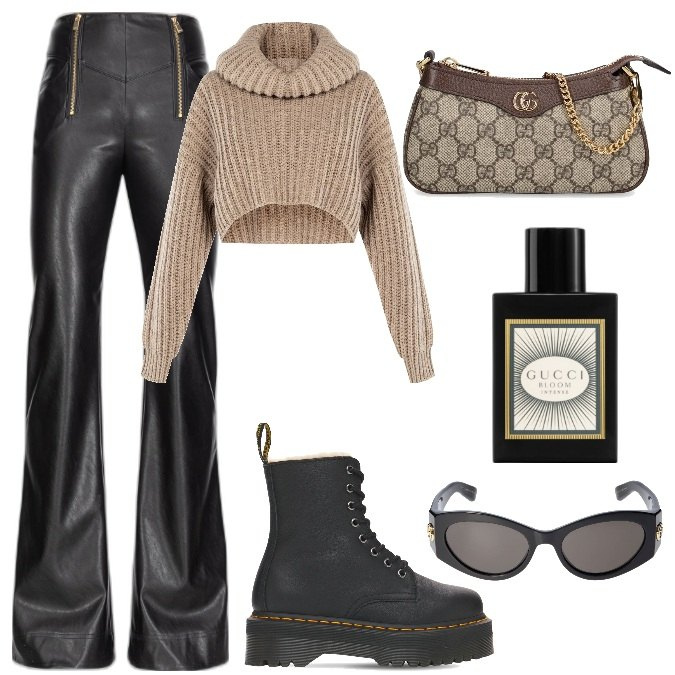 Outfit donna - Total look #1776022. Stile Trendy per Tutti i giorni. Abbinamento con profumi, pantaloni, maglieria, borse a spalla, stivali, occhiali da sole.