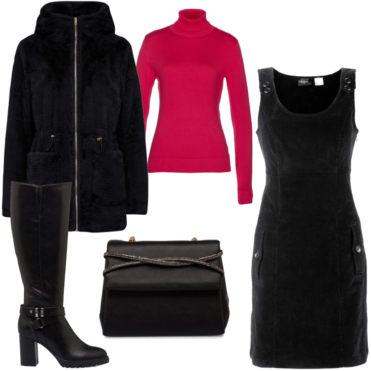 Outfit donna - un tocco di rosso. Stile Casual chic per Serata fuori. Abbinamento con ecopellicce, vestiti corti, maglieria, stivali, clutch.