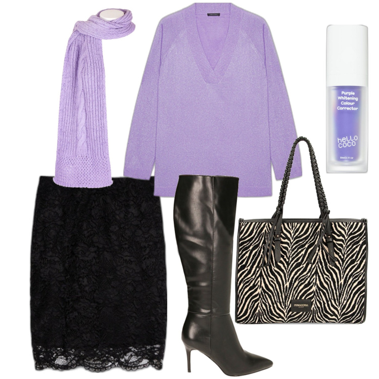 Outfit donna - Cene aziendali. Stile Chic per Serata fuori. Abbinamento con correttori, sciarpe, borse a spalla, stivali sopra il ginocchio, gonne, maglieria.