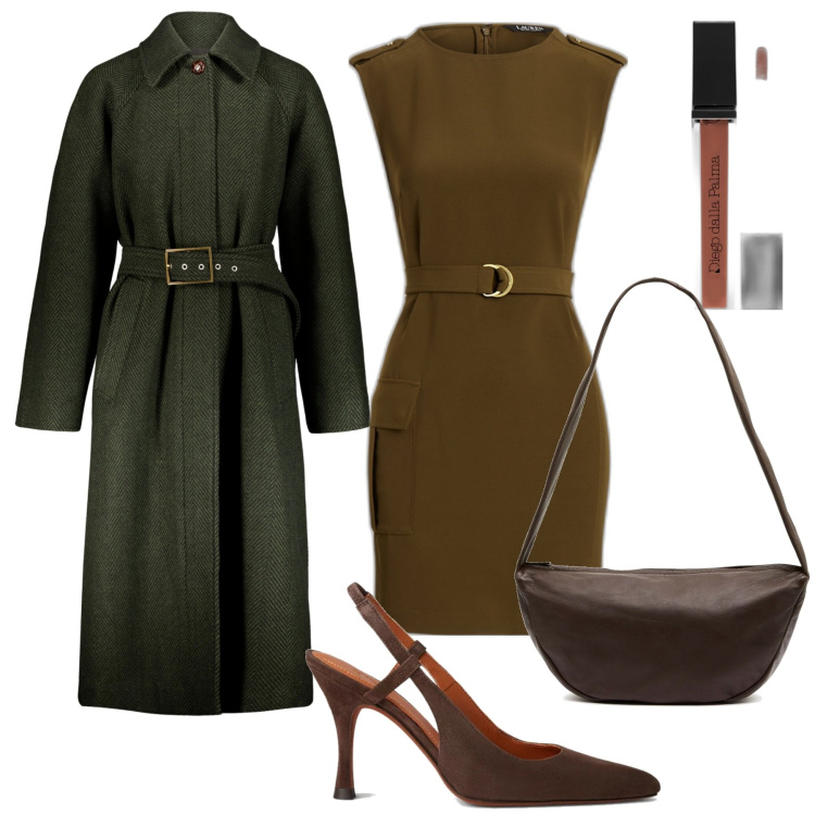Outfit donna - Color fango. Stile Minimal per Serata fuori. Abbinamento con gloss, vestiti a tubino, scarpe col tacco, borse a spalla, cappotti.