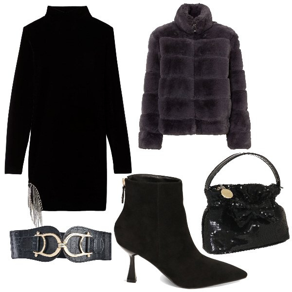 Outfit donna - Noir. Stile Bon Ton per Serata fuori. Abbinamento con ecopellicce, cinture, vestiti, stivaletti, valigie.