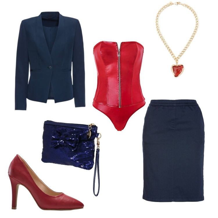 Outfit donna - All I want for Christmas (veg ok). Stile Sexy per Serata fuori. Abbinamento con blazer, gonne, body, décolleté, collane, pochette.