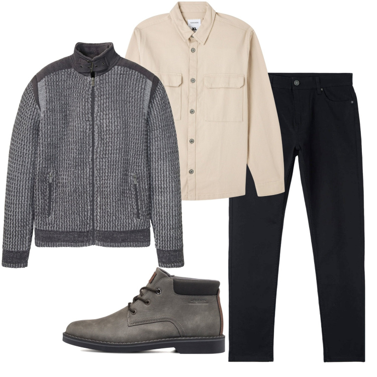 Outfit uomo - Easy. Stile Casual per Tutti i giorni. Abbinamento con cardigans, camicie, pantaloni skinny, stivali e stivaletti.