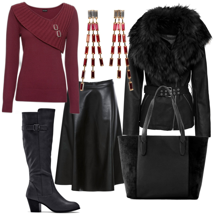 Outfit donna - Jingle Bells Rock. Stile Rock per Serata fuori. Abbinamento con maglieria, stivali, shopping bag, orecchini, blazer, gonne.
