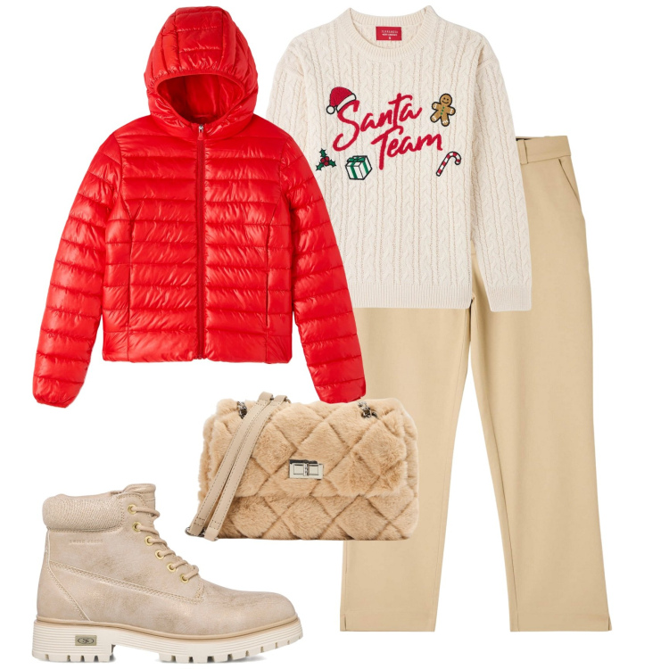 Outfit donna - Terranova Christmas. Stile Casual per Tutti i giorni. Abbinamento con pantaloni chino, borse a spalla, piumini, maglieria, stivaletti.