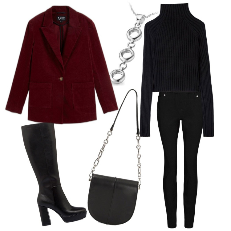 Outfit donna - Sera informale. Stile Casual chic per Serata fuori. Abbinamento con blazer, pantaloni skinny, maglieria, borse a tracolla, stivali sopra il ginocchio, collane.