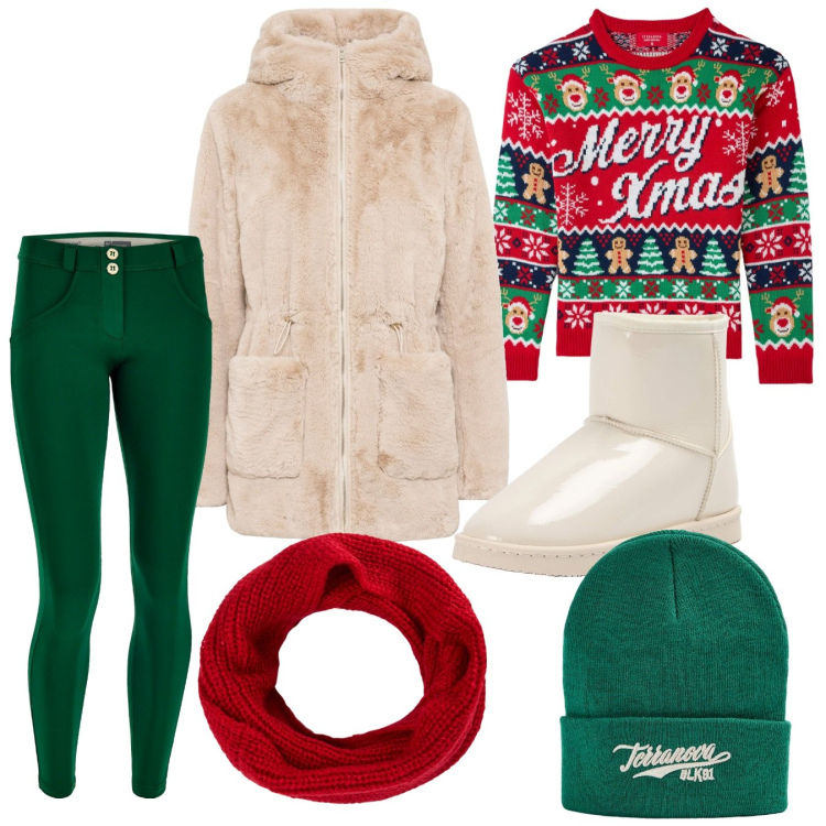 Outfit donna - Natale in montagna. Stile Casual per Tutti i giorni. Abbinamento con ecopellicce, berretti, stivaletti, maglieria, scaldacollo, pantaloni skinny.