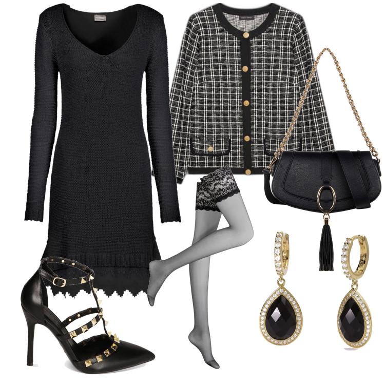 Outfit donna - L’ultima notte dell’anno. Stile Chic per Serata fuori. Abbinamento con collant, vestiti, orecchini, borse a spalla, cappotti, décolleté.