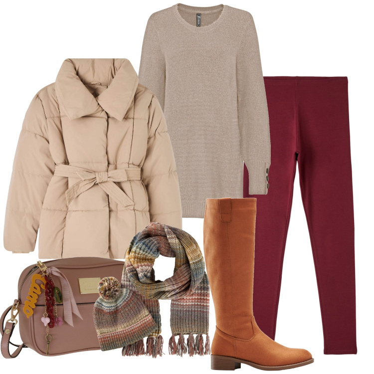Outfit donna - Accessori melange. Stile Urban per Tutti i giorni. Abbinamento con maglieria, stivali, sciarpe, leggings, piumini, borse a tracolla.