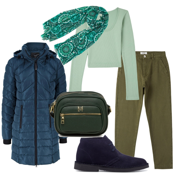 Outfit donna - A tutto colore. Stile Urban per Tutti i giorni. Abbinamento con cappotti, pantaloni chino, maglieria, borse a tracolla, stivaletti, sciarpe.