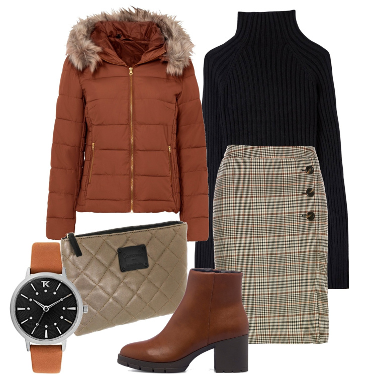 Outfit donna - Chic in ufficio. Stile Chic per Ufficio. Abbinamento con gonne, giacche, maglieria, stivaletti, pochette, orologi.