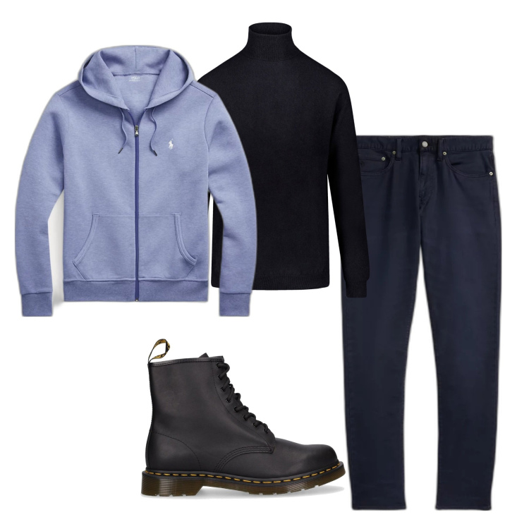 Outfit uomo - Dicembre azzurro cielo. Stile Casual per Tutti i giorni. Abbinamento con felpe, pantaloni chino, maglieria, stivali.