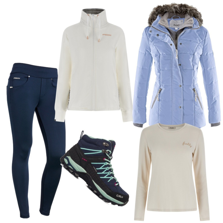 Outfit donna - Giornata in montagna. Stile Casual per Tutti i giorni. Abbinamento con piumini, felpe, t-shirt, pantaloni, stivaletti.
