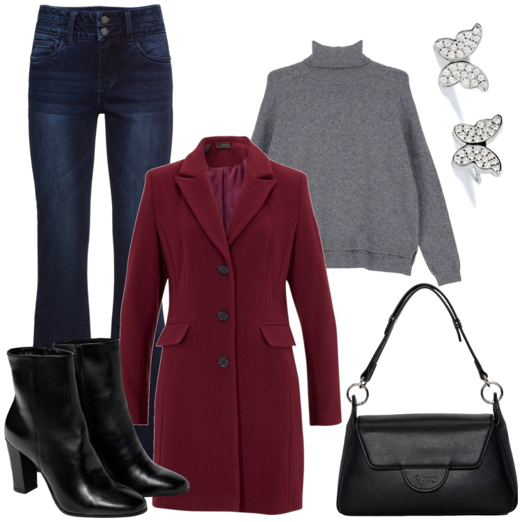 Outfit donna - Casual. Stile Casual chic per Tutti i giorni. Abbinamento con jeans bootcut, cappotti, orecchini, maglieria, borse a spalla, stivaletti.