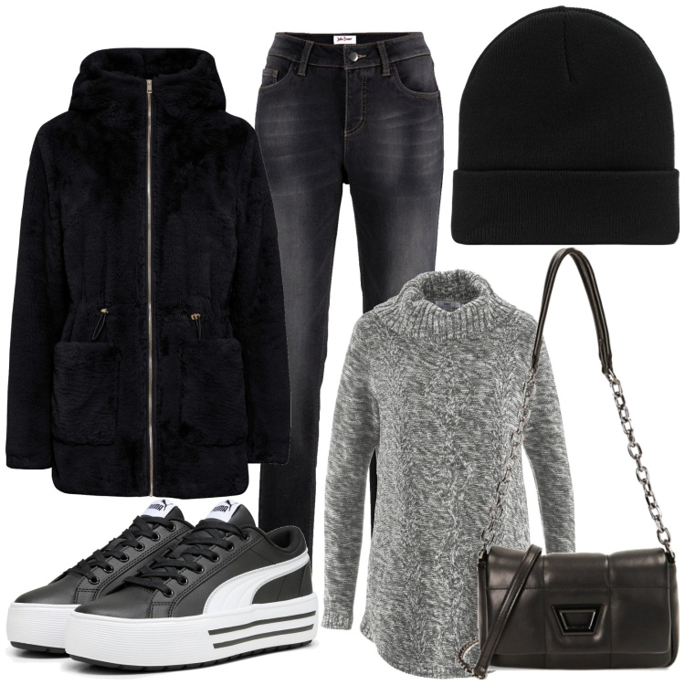 Outfit donna - Casual. Stile Casual per Tutti i giorni. Abbinamento con ecopellicce, maglieria, jeans boyfriend, berretti, borse a tracolla, sneakers.