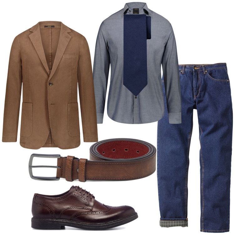 Outfit uomo - Ufficio in jeans. Stile Trendy per Ufficio. Abbinamento con jeans dritti, scarpe stringate, cinture, camicie, cravatte, giacche.