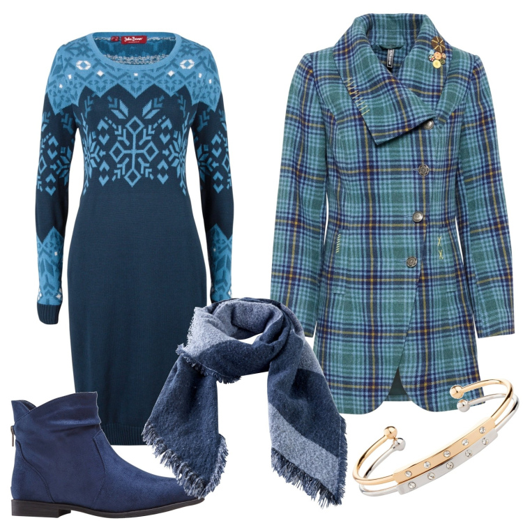 Outfit donna - Pattern natalizi. Stile Boho per Tutti i giorni. Abbinamento con stivaletti, cappotti, vestiti, sciarpe, braccialetti.