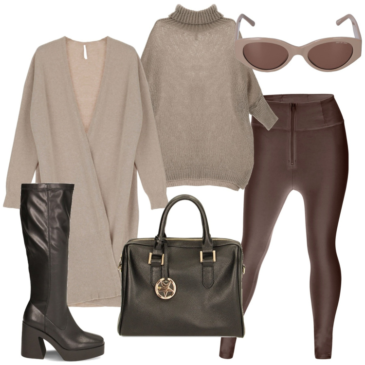 Outfit donna - Pomeriggio. Stile Chic per Tutti i giorni. Abbinamento con cardigans, maglieria, stivali sopra il ginocchio, borse a mano, pantaloni skinny, occhiali da sole.
