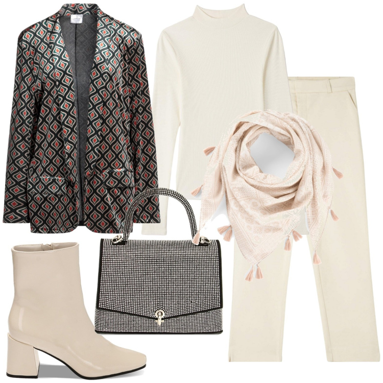 Outfit donna - Total look #1776248. Stile Casual chic per Serata fuori. Abbinamento con foulard, blazer, pantaloni chino, t-shirt, stivaletti, borse a mano.