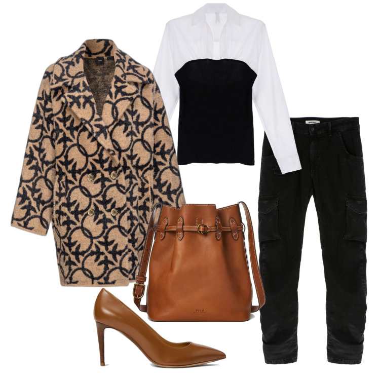 Outfit donna - Toni decisi. Stile Chic per Ufficio. Abbinamento con cappotti, camicie, pantaloni, décolleté, borse a secchiello.