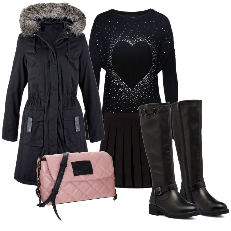 Outfit donna - Romantico inverno. Stile Casual per Tutti i giorni. Abbinamento con pullovers, parka, minigonne, stivali sopra il ginocchio, borse a tracolla.