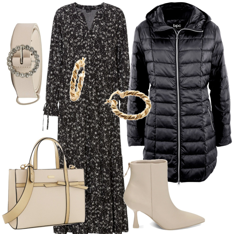 Outfit donna - Inverno chic. Stile Casual Abbinamento con vestiti lunghi, piumini, orecchini, cinture, stivaletti, borse a mano.